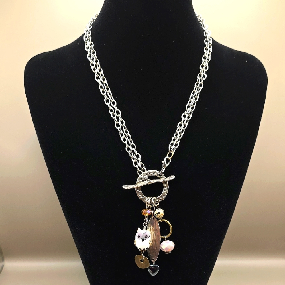 Silvertone Owl CharmPendant Toggle Necklace
